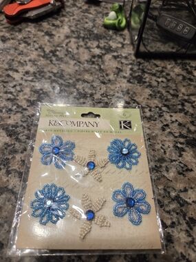 K&Company Blue and Cream Beaded Floral Embellishments